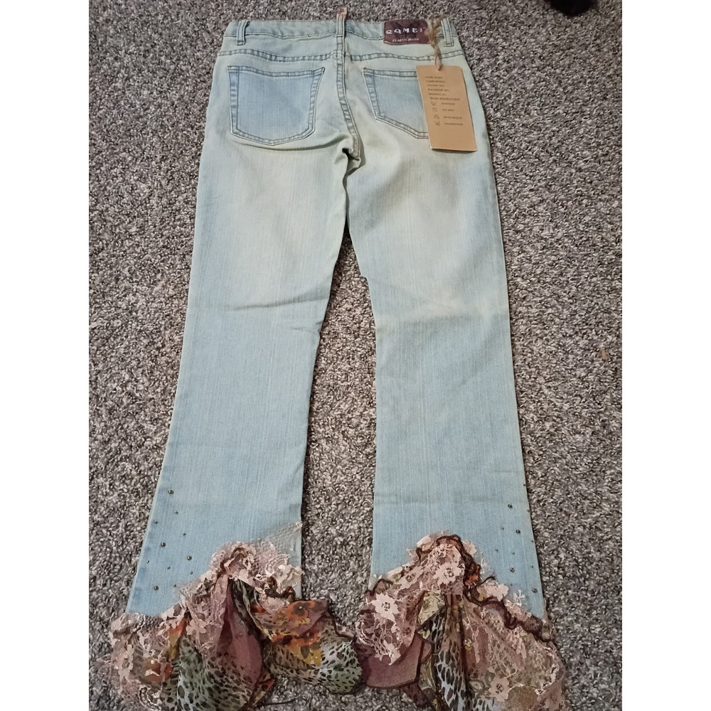 Qqmei Women Flare Jeans Light Wash Embroidered Lace Ruffle Boho Denim Size 25x34 - Picture 4 of 4